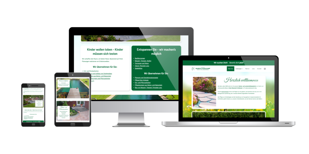 PC, Laptop, Tablet und Smartphone zeigen die Internetseite von Markus Pohlkamp, Garten- und Landschaftsbau