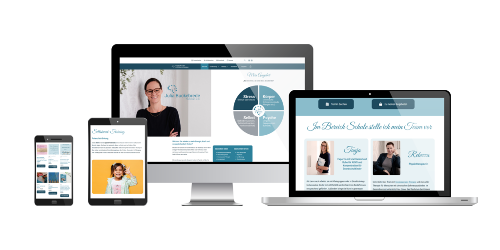 PC, Laptop, Tablet und Smartphone zeigen die Internetseite von Julia Buckebrede
