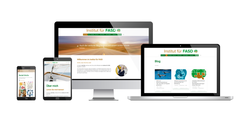 PC, Laptop, Tablet und Smartphone zeigen die Internetseite vom Institut für FASD