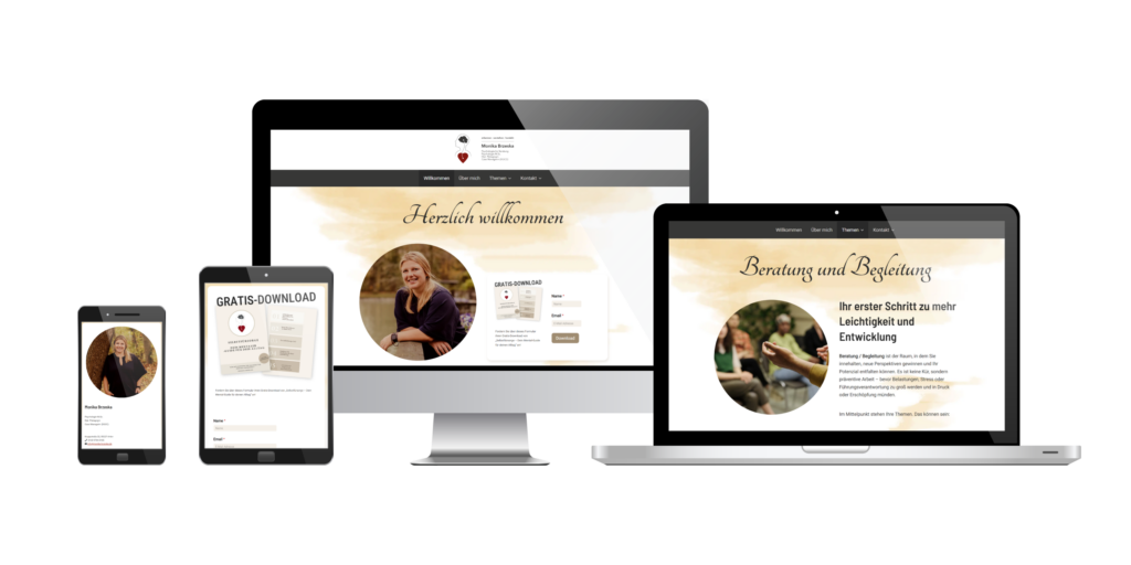 PC, Laptop, Tablet und Smartphone zeigen die Internetseite von Monika Brzeska